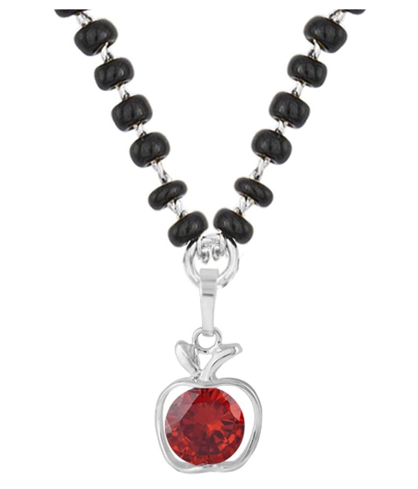Fashionable Mangalsutra Silver Plated Cubic Zircon Red Shape Solitaire Pendant and Black Beaded Chain Fashionable Mangalsutra Silver Plated Cubic Zircon Red Shape Solitaire Pendant and Black Beaded Chain