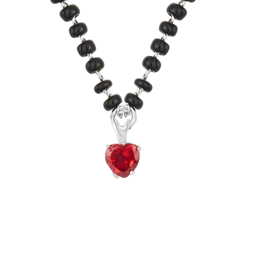 Fashionable Mangalsutra Silver Plated Cubic Zircon Red Heart Solitaire Pendant and Black Beaded Chain     			Fashionable Mangalsutra Silver Plated Cubic Zircon Red Heart Solitaire Pendant and Black Beaded Chain