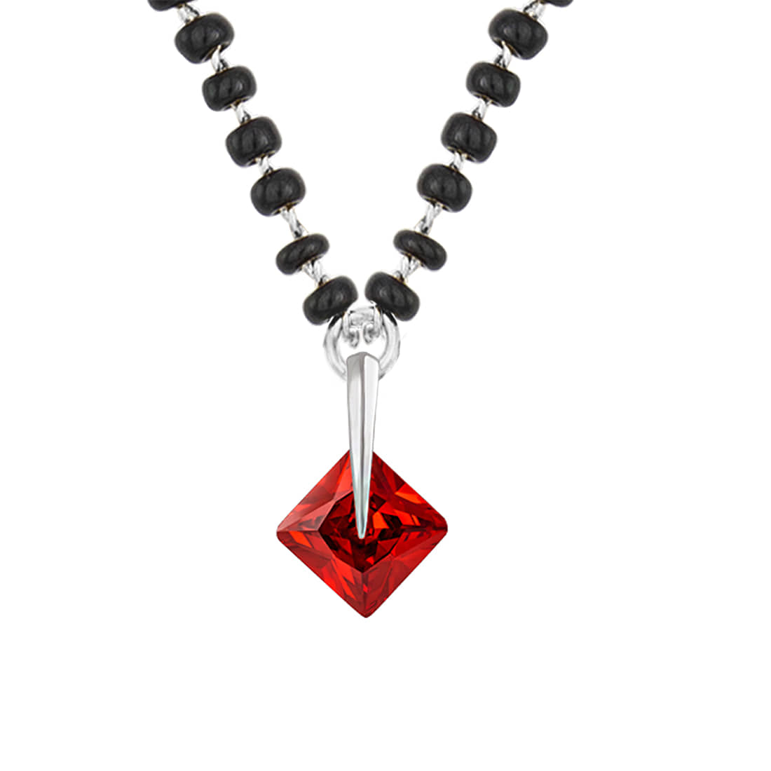 Fashionable Mangalsutra Silver Plated Cubic Zircon Red Square Solitaire Pendant and Black Beaded Chain
