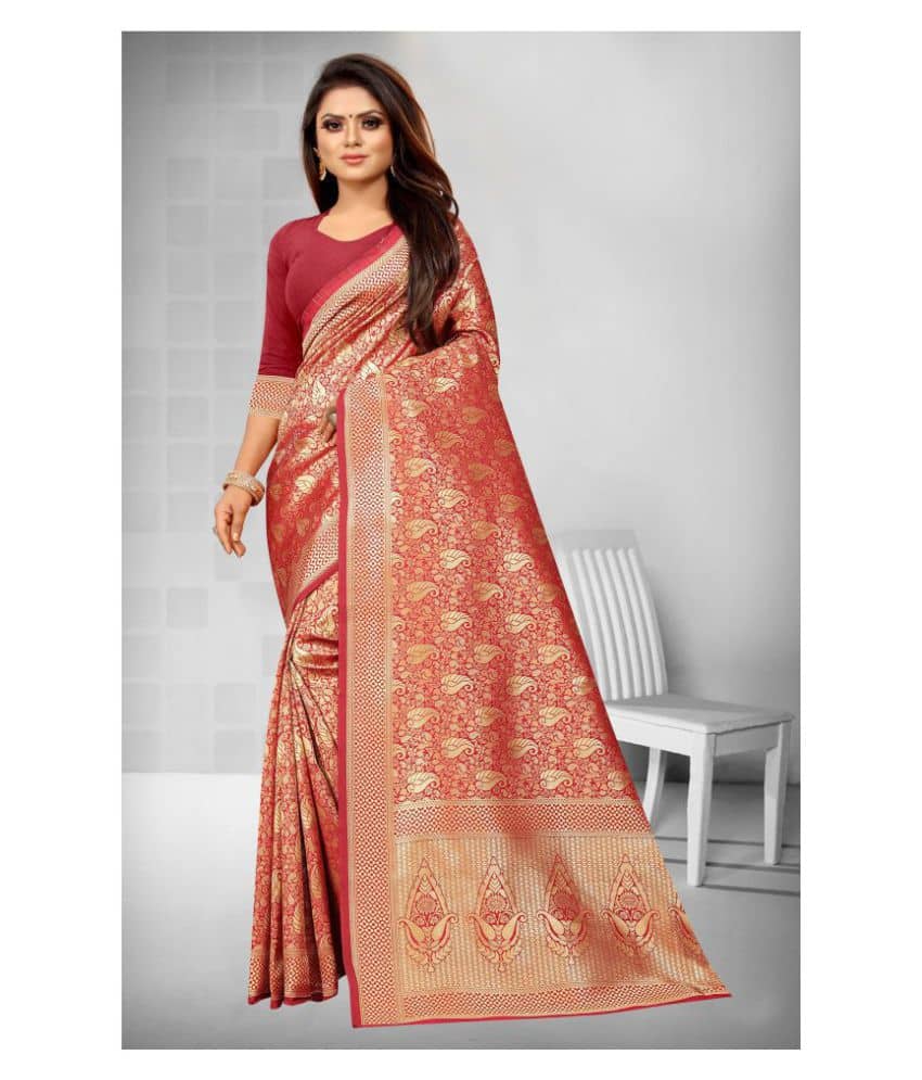 Gazal Fashions Banarasi Silk Printed Saree With Unstitched Blouse Piece ( Red ) - Sarees | Buy online on ZillyBuy