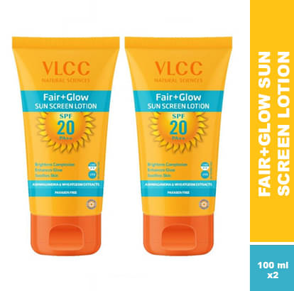 Vlcc Fair+Glow Sunscreen Lotion Spf 20 Pa ++ , 100G With 25G Extra(Pack Of 2) Vlcc Fair+Glow Sunscreen Lotion Spf 20 Pa ++ , 100G With 25G Extra(Pack Of 2)