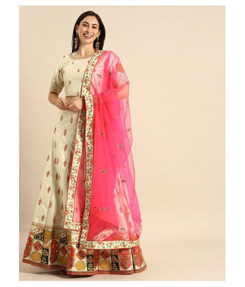     			Aarrah White Net Chaniya Choli Semi Stitched Lehenga