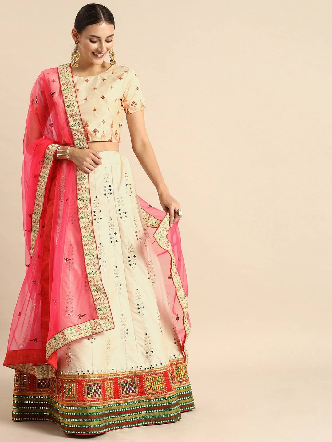     			Aarrah White Net Chaniya Choli Semi Stitched Lehenga