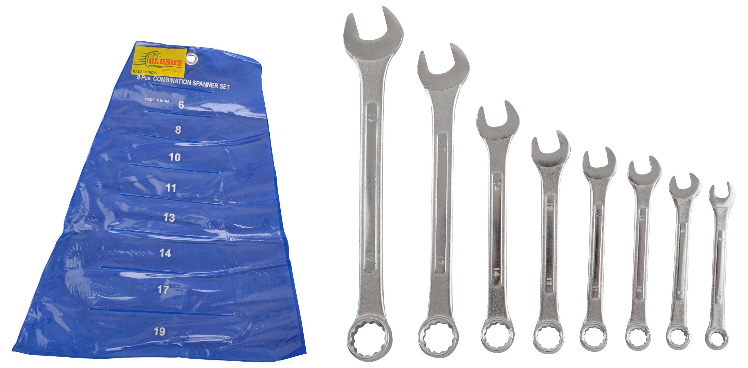 GLOBUS COMBINATION SPANNER SET/8 PCS, RAISED PANEL, MIRROR HEAD POLISH IN BLUE PVC WALLET. GLOBUS COMBINATION SPANNER SET/8 PCS, RAISED PANEL, MIRROR HEAD POLISH IN BLUE PVC WALLET.