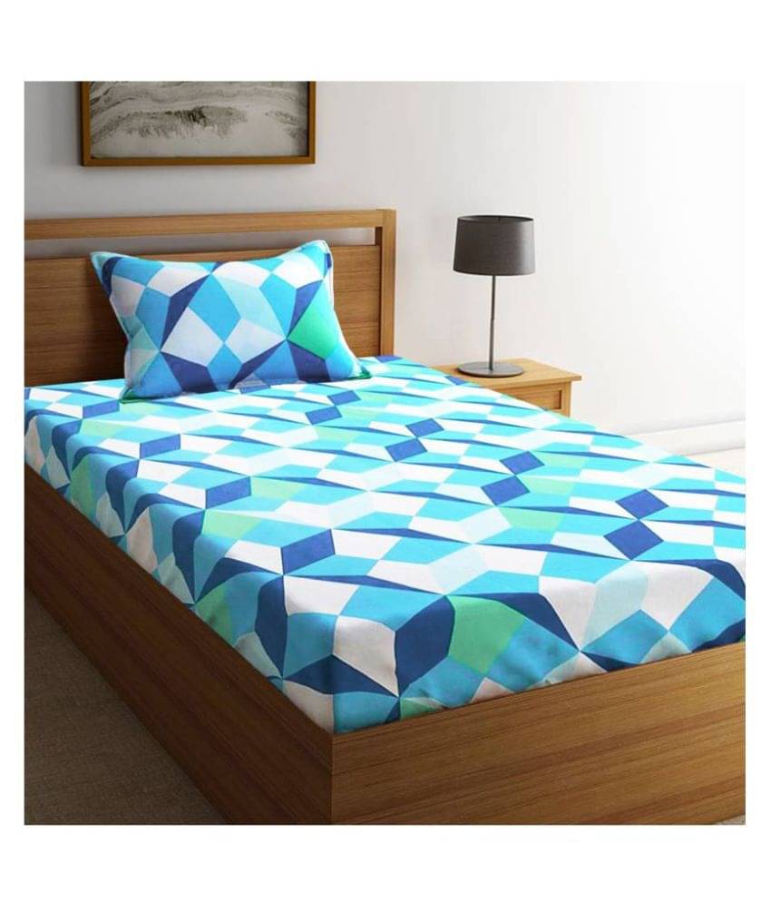     			Home Candy Cotton Geometric Single Bedsheet with 1 Pillow Cover - Blue