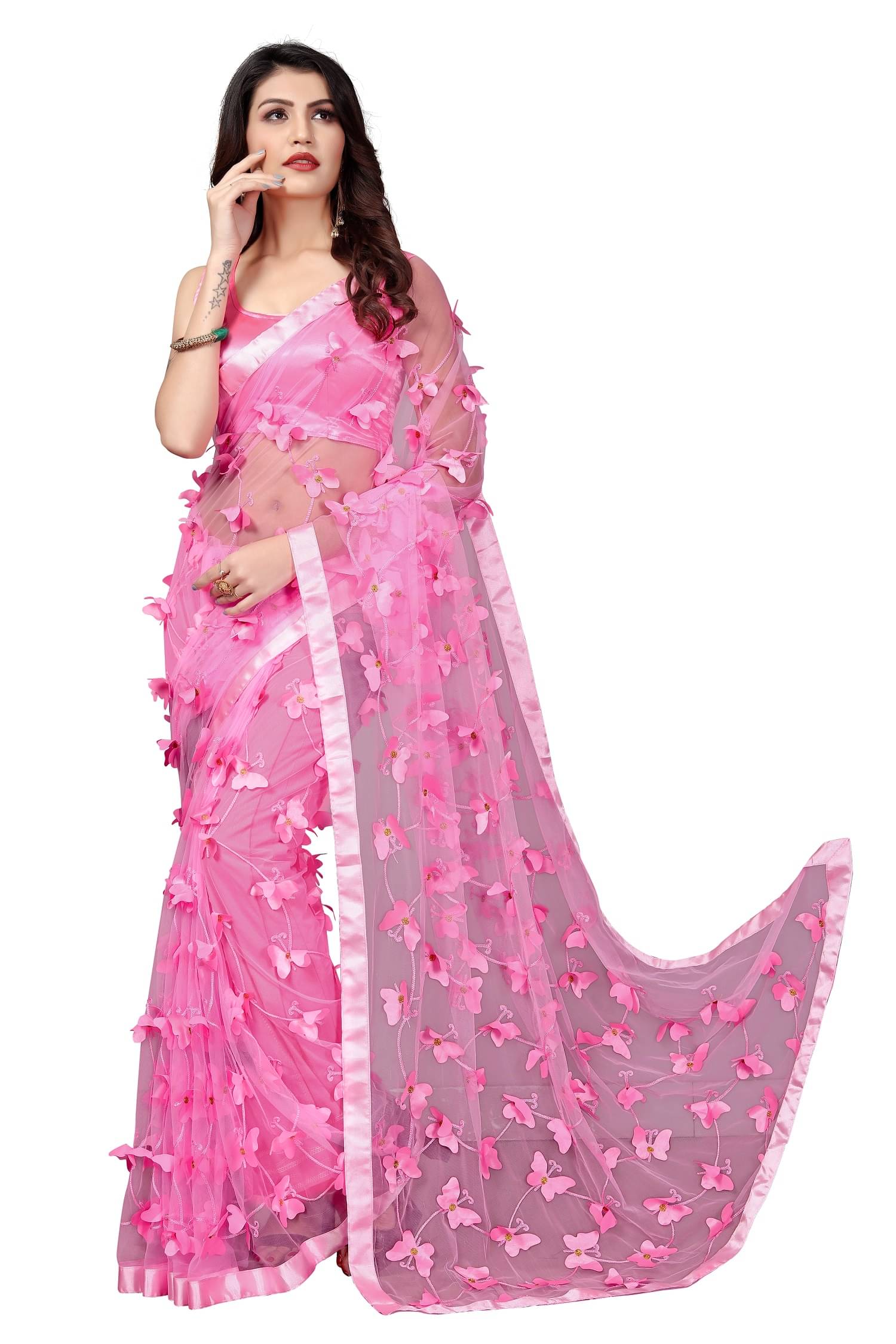 Aika Net Embroidered Saree With Unstitched Blouse Piece ( Pink ) Aika Net Embroidered Saree With Unstitched Blouse Piece ( Pink )