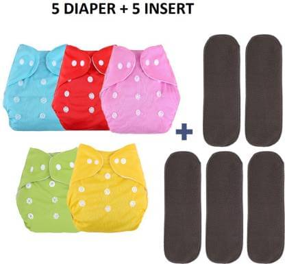     			CHILD CHIC Reusable Baby Infant Cotton Cloth Washable Diaper Nappies(5 DIAPERS WITH 5 FIVE LAYER BAMBOO CHARCOAL INSERTS)