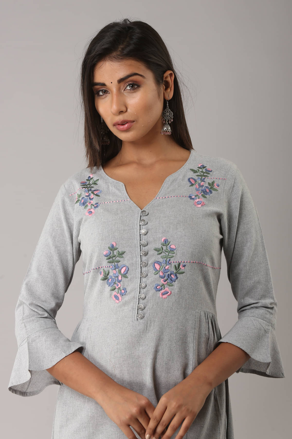 MAUKA - Light Grey Cotton Women's Flared Kurti ( Single Pack ) MAUKA - Light Grey Cotton Women's Flared Kurti ( Single Pack )