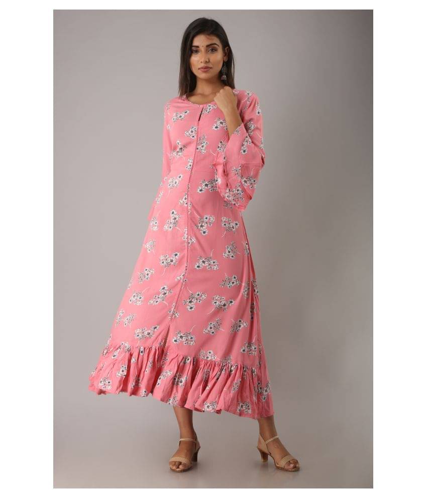MAUKA Pink Cotton A-line Kurti     			MAUKA Pink Cotton A-line Kurti