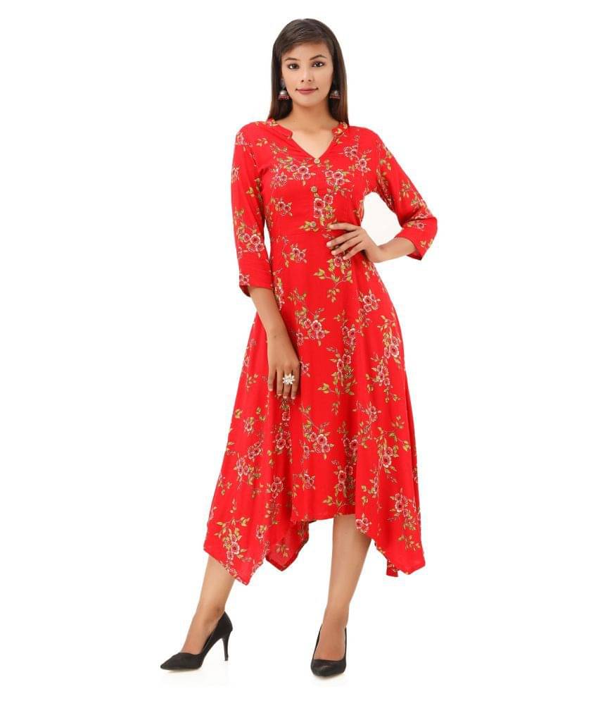     			MAUKA Red Rayon Asymmetrical Kurti