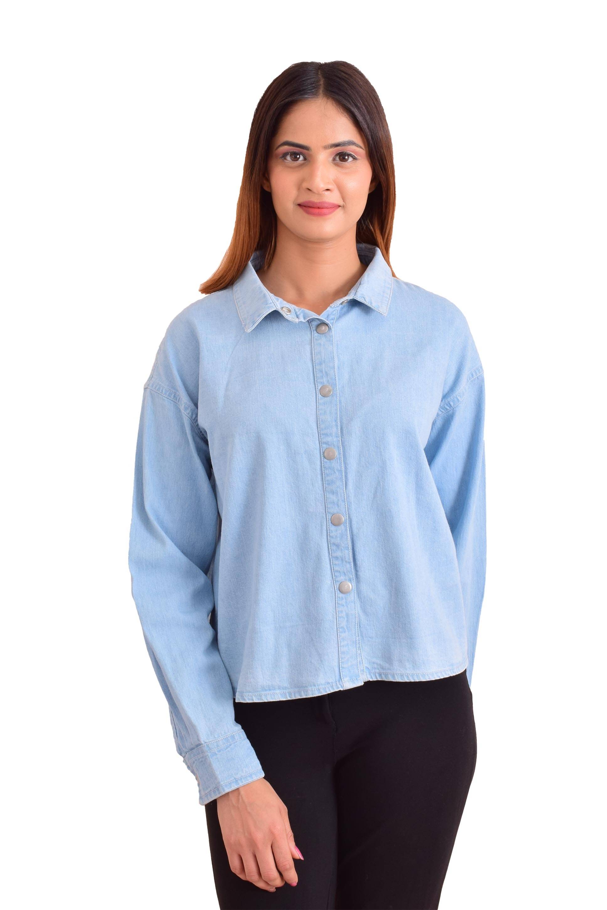     			NUEVOSDAMAS Women Solid Denim Shirt ( Blue )