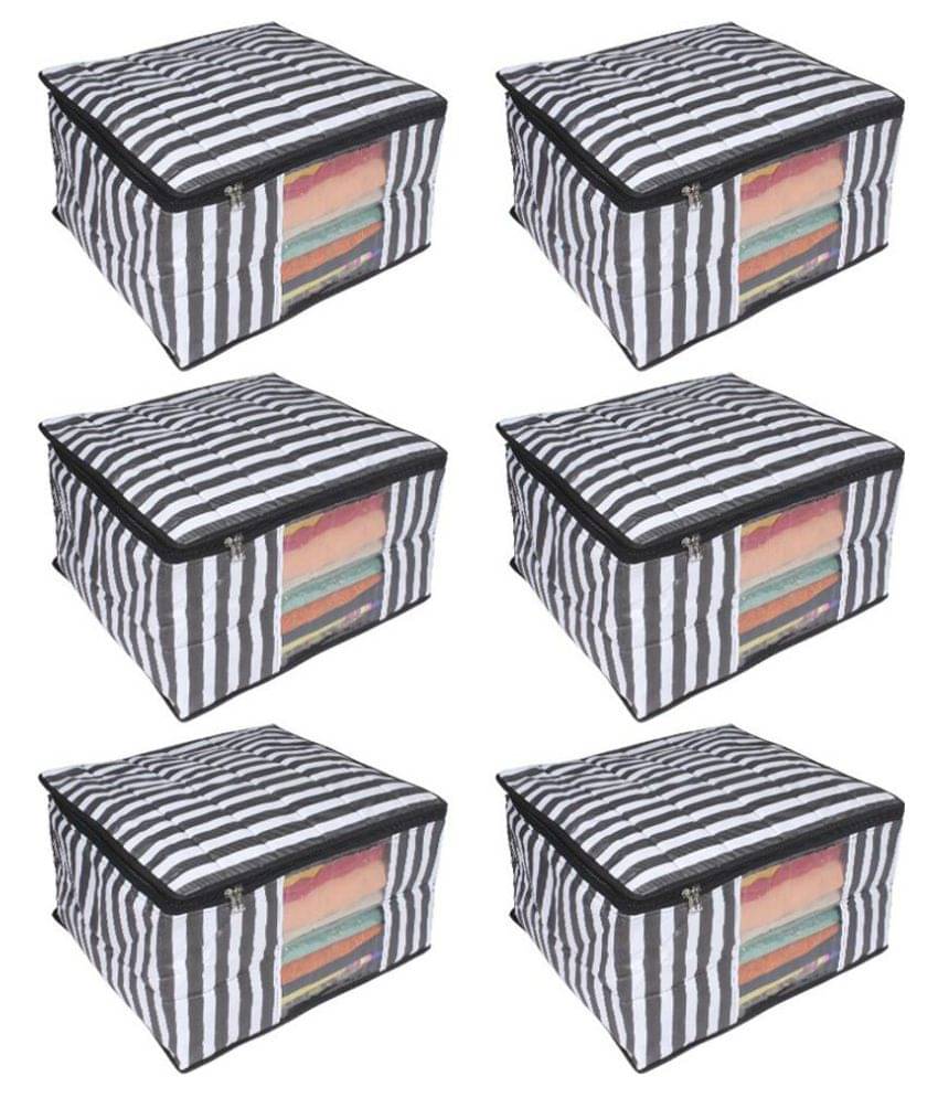     			PrettyKrafts 3 layered Quilted saree Cover Bag/wardrobe organizer with transparent window (Pack of 6), Black Stripes