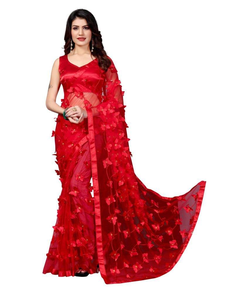     			Aika Net Applique Saree With Unstitched Blouse Piece ( Red )