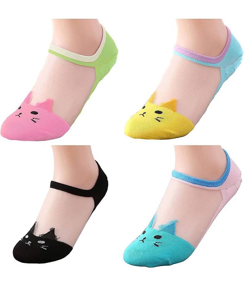 HF LUMEN Pack of 4 Pair Women's Transparent Casual Cat Ankle Length Low Cut Loafer Invisible Silk Cotton Soft Socks, Ultra thin Transparent Beautiful Crystal Lace Elastic Socks -Assorted