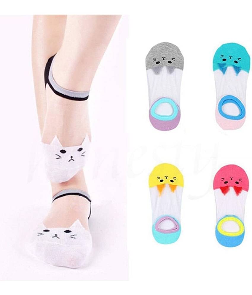 HF LUMEN Pack of 4 Pair Women's Transparent Casual Cat Ankle Length Low Cut Loafer Invisible Silk Cotton Soft Socks, Ultra thin Transparent Beautiful Crystal Lace Elastic Socks -Assorted