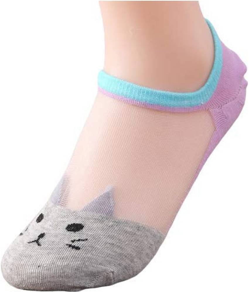 HF LUMEN Pack of 4 Pair Women's Transparent Casual Cat Ankle Length Low Cut Loafer Invisible Silk Cotton Soft Socks, Ultra thin Transparent Beautiful Crystal Lace Elastic Socks -Assorted
