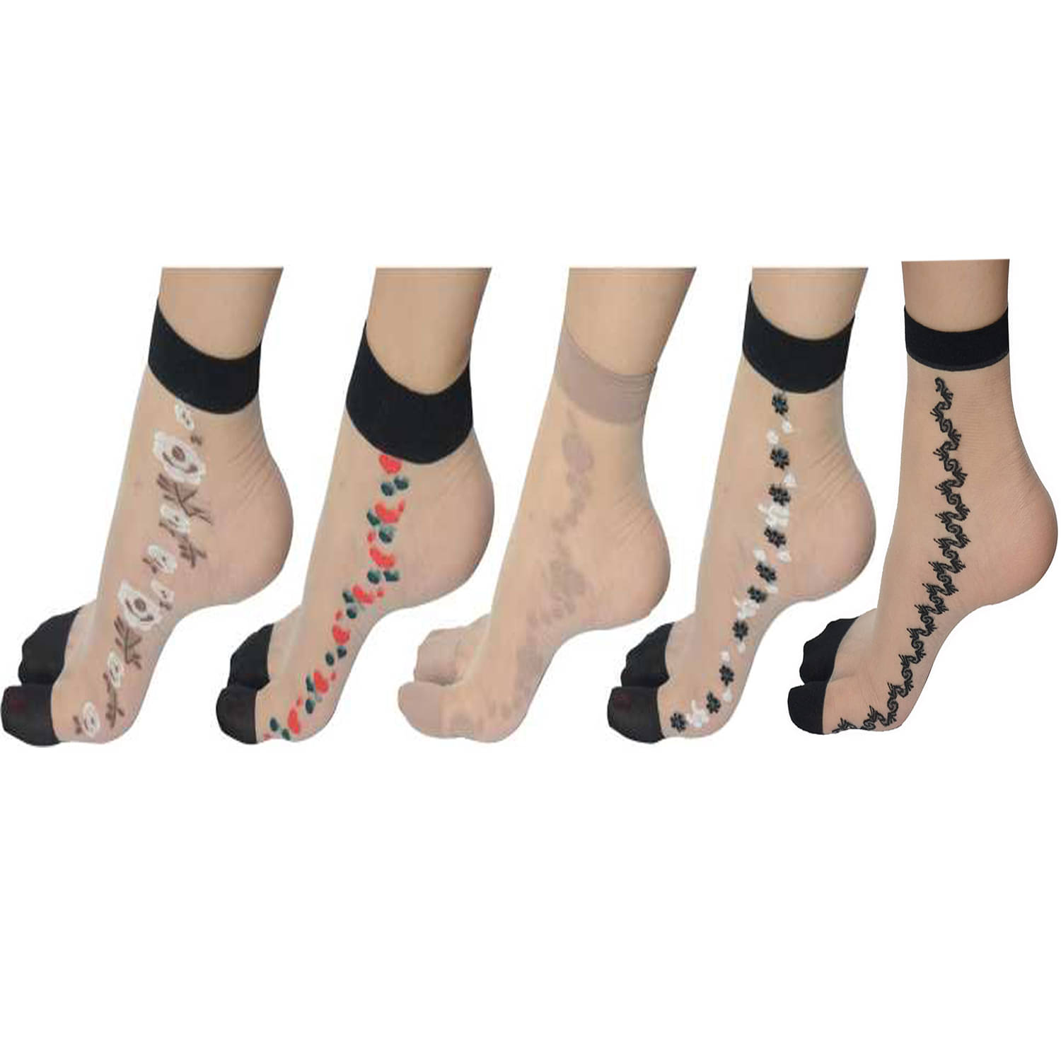     			HF LUMEN transparent/net nylon side flower ankle length socks with thumb (Pack of 5)