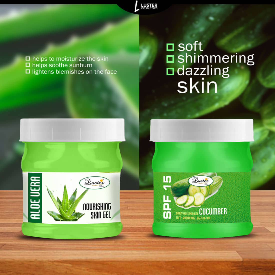 Luster Aloe Vera Skin Gel + Cucumber Skin Gel Moisturizer 500 ml Pack of 2