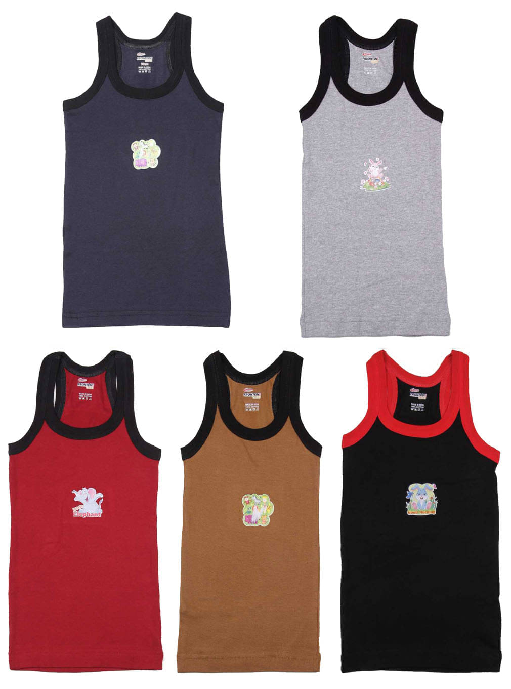 Rupa Frontline Cotton Multicolor Sleeveless Vests for Kids/Boys - Pack of 5 Rupa Frontline Cotton Multicolor Sleeveless Vests for Kids/Boys - Pack of 5