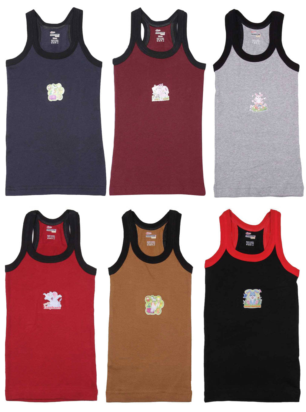 Rupa Frontline Cotton Multicolor Sleeveless Vests for Kids/Boys - Pack of 6 Rupa Frontline Cotton Multicolor Sleeveless Vests for Kids/Boys - Pack of 6
