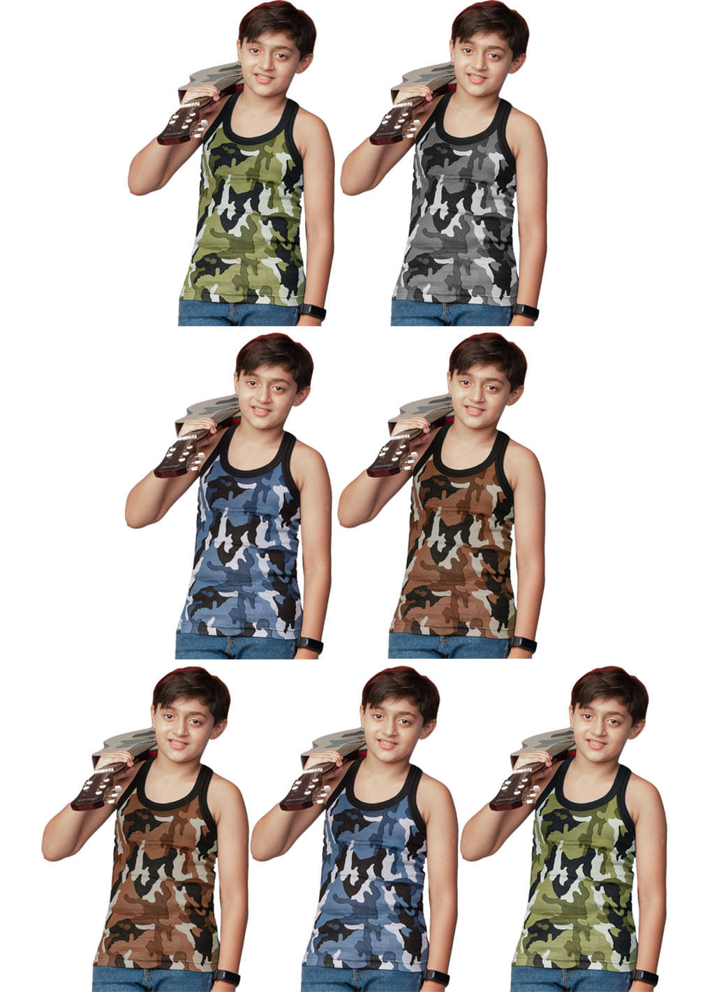 Rupa Frontline Cotton Sleeveless Military Print Vests for Kids/Boys - Pack of 7 Rupa Frontline Cotton Sleeveless Military Print Vests for Kids/Boys - Pack of 7