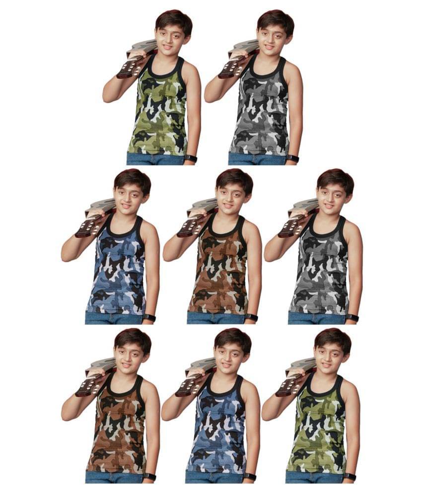 Rupa Frontline Cotton Sleeveless Military Print Vests for Kids/Boys - Pack of 8     			Rupa Frontline Cotton Sleeveless Military Print Vests for Kids/Boys - Pack of 8