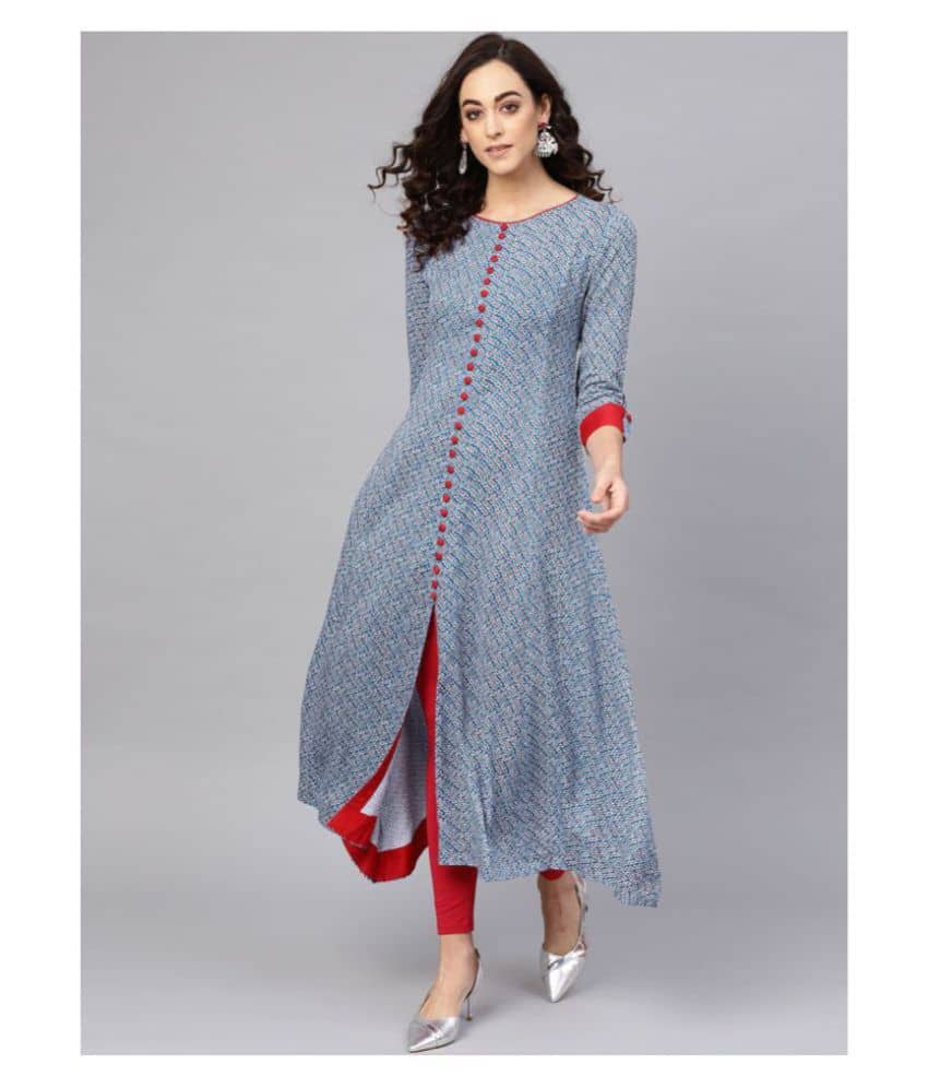 Yash Gallery Pack of 1 Rayon Printed Front Slit Women's Kurti - ( Blue ) - Kurtis, Tunics | Buy online on ZillyBuy