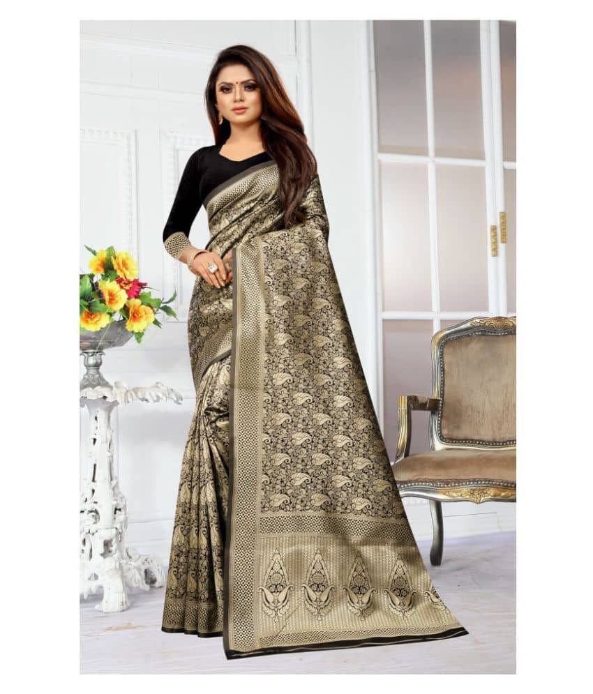 Gazal Fashions Banarasi Silk Embellished Saree With Unstitched Blouse Piece ( Black ) - Sarees | Buy online on ZillyBuy