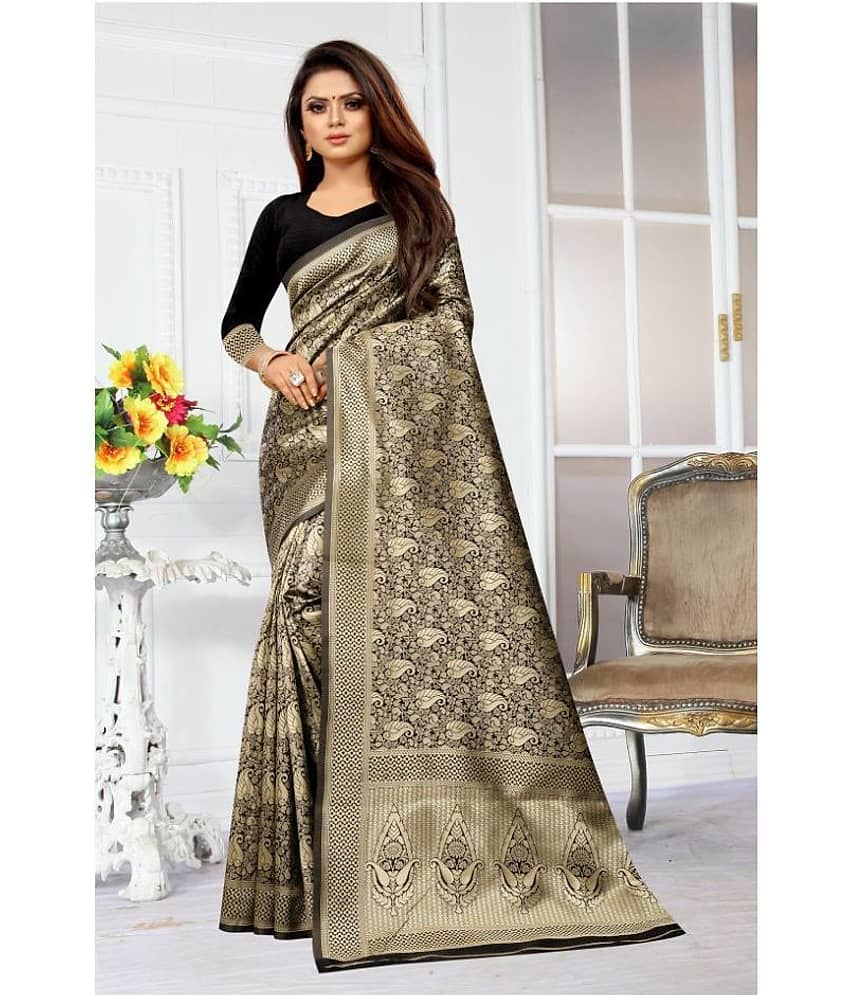 Gazal Fashions Banarasi Silk Embellished Saree With Unstitched Blouse Piece ( Black ) - Sarees | Buy online on ZillyBuy