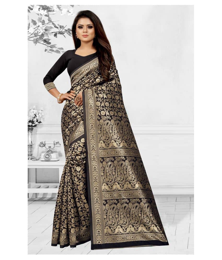 Gazal Fashions Banarasi Silk Printed Saree With Unstitched Blouse Piece ( Black ) - Sarees | Buy online on ZillyBuy