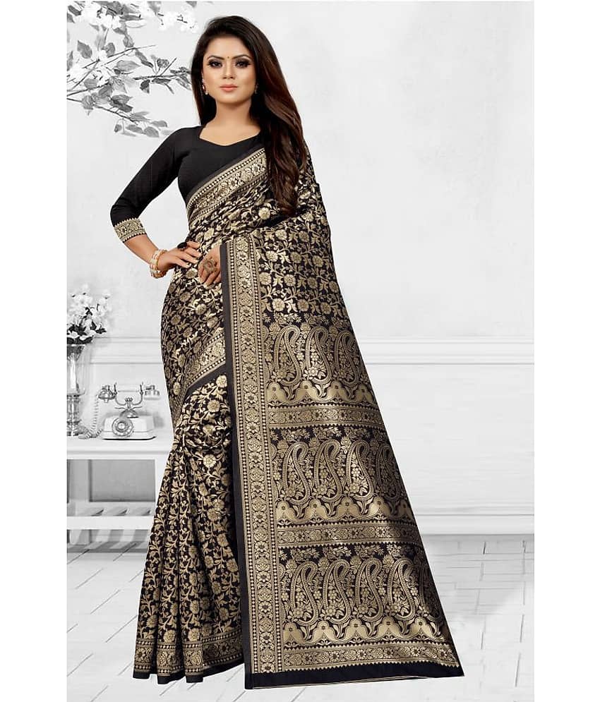 Gazal Fashions Banarasi Silk Printed Saree With Unstitched Blouse Piece ( Black ) - Sarees | Buy online on ZillyBuy