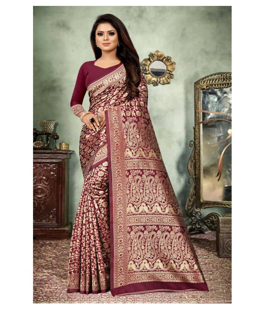 Gazal Fashions Banarasi Silk Printed Saree With Unstitched Blouse Piece ( Multicolor ) - Sarees | Buy online on ZillyBuy