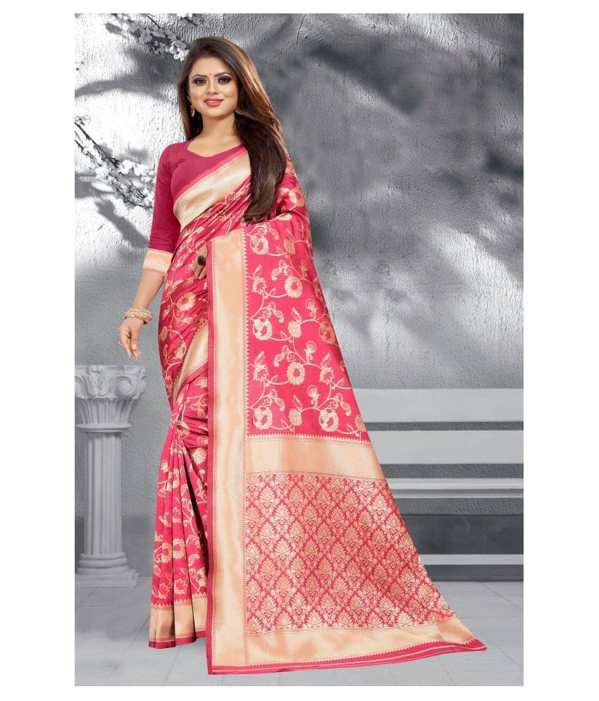 Gazal Fashions Banarasi Silk Printed Saree With Unstitched Blouse Piece ( Pink ) Gazal Fashions Banarasi Silk Printed Saree With Unstitched Blouse Piece ( Pink )