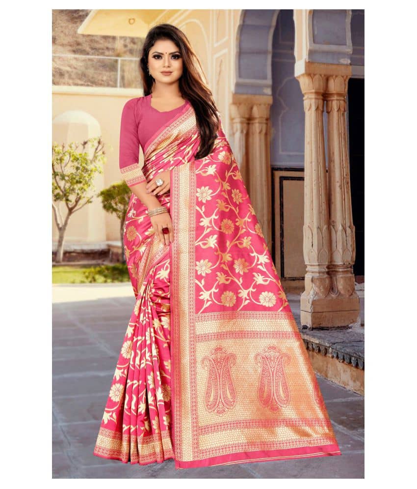 Gazal Fashions Banarasi Silk Printed Saree With Unstitched Blouse Piece ( Pink ) - Sarees | Buy online on ZillyBuy