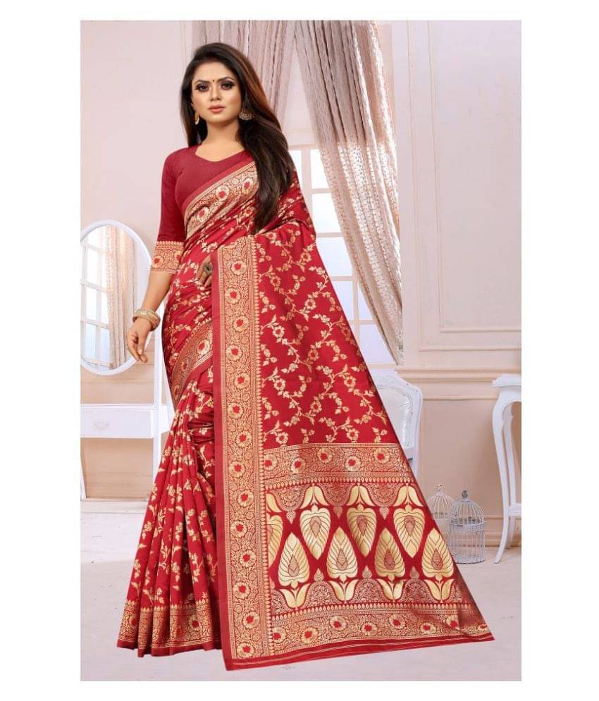     			Gazal Fashions Silk Blend Printed Saree With Unstitched Blouse Piece ( Red )