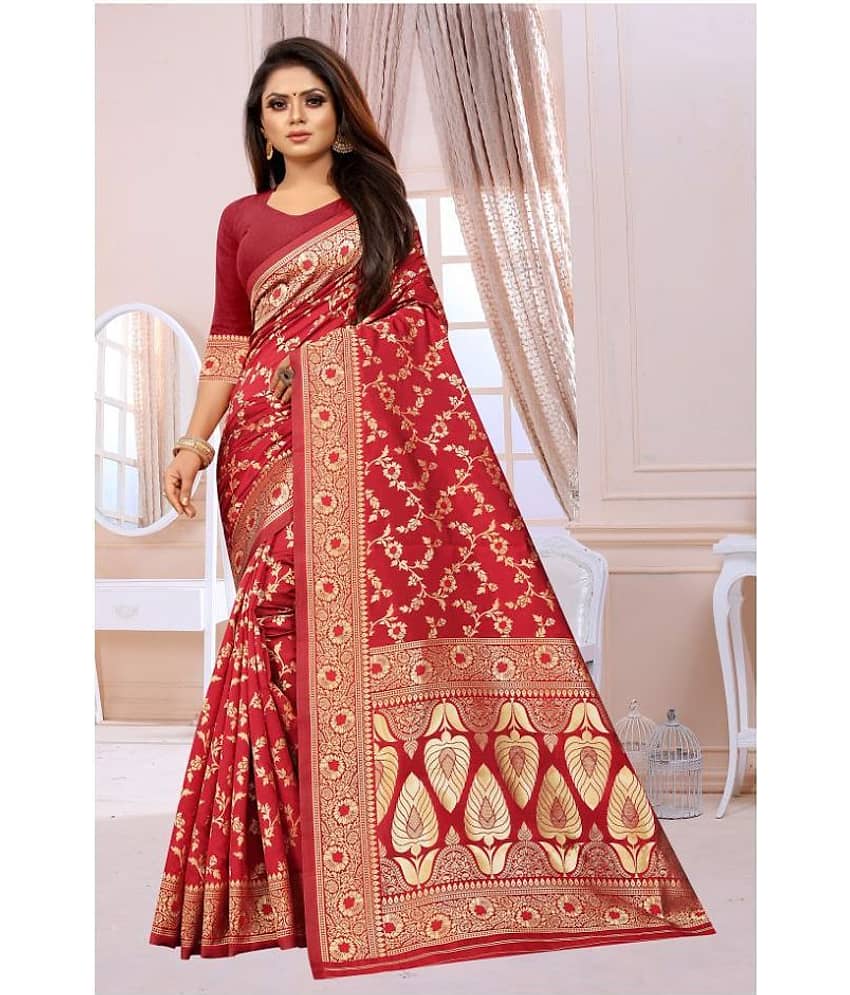 Gazal Fashions Silk Blend Printed Saree With Unstitched Blouse Piece ( Red ) - Sarees | Buy online on ZillyBuy