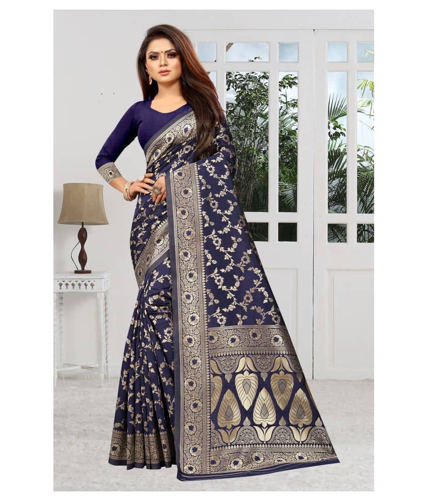 Gazal Fashions Silk Blend Printed Saree With Unstitched Blouse Piece ( Blue ) - Sarees | Buy online on ZillyBuy