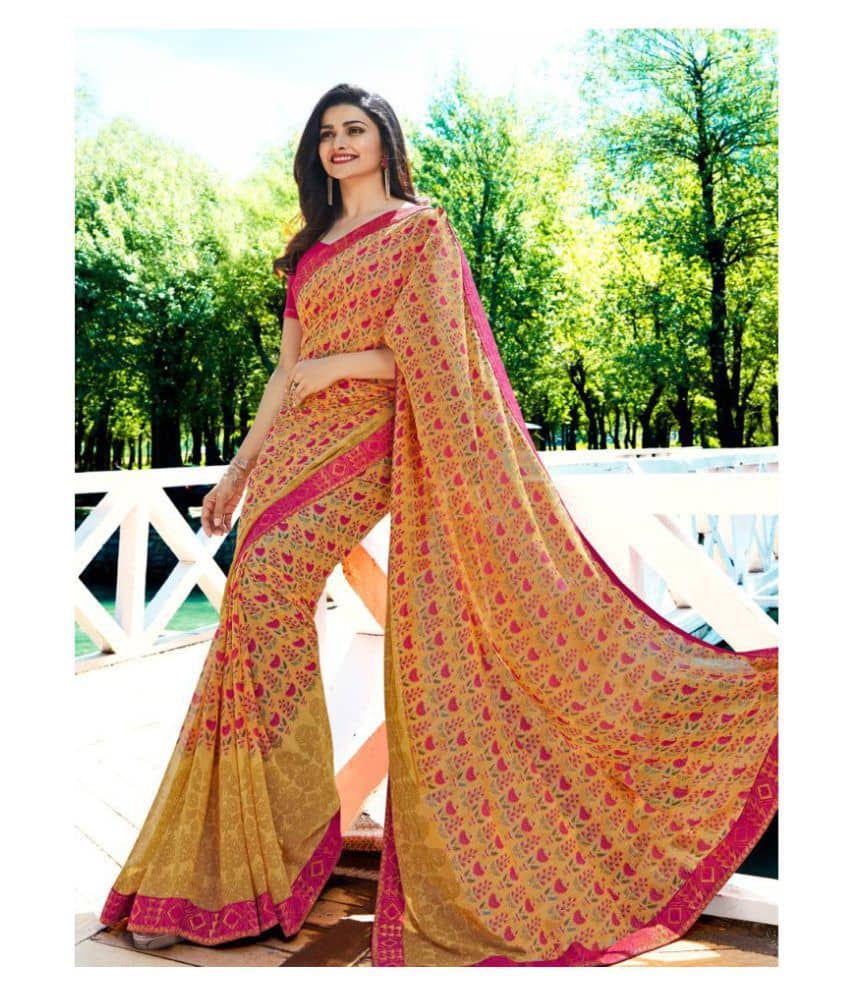 Gazal Fashions Chiffon Printed Saree With Unstitched Blouse Piece ( Yellow ) - Sarees | Buy online on ZillyBuy