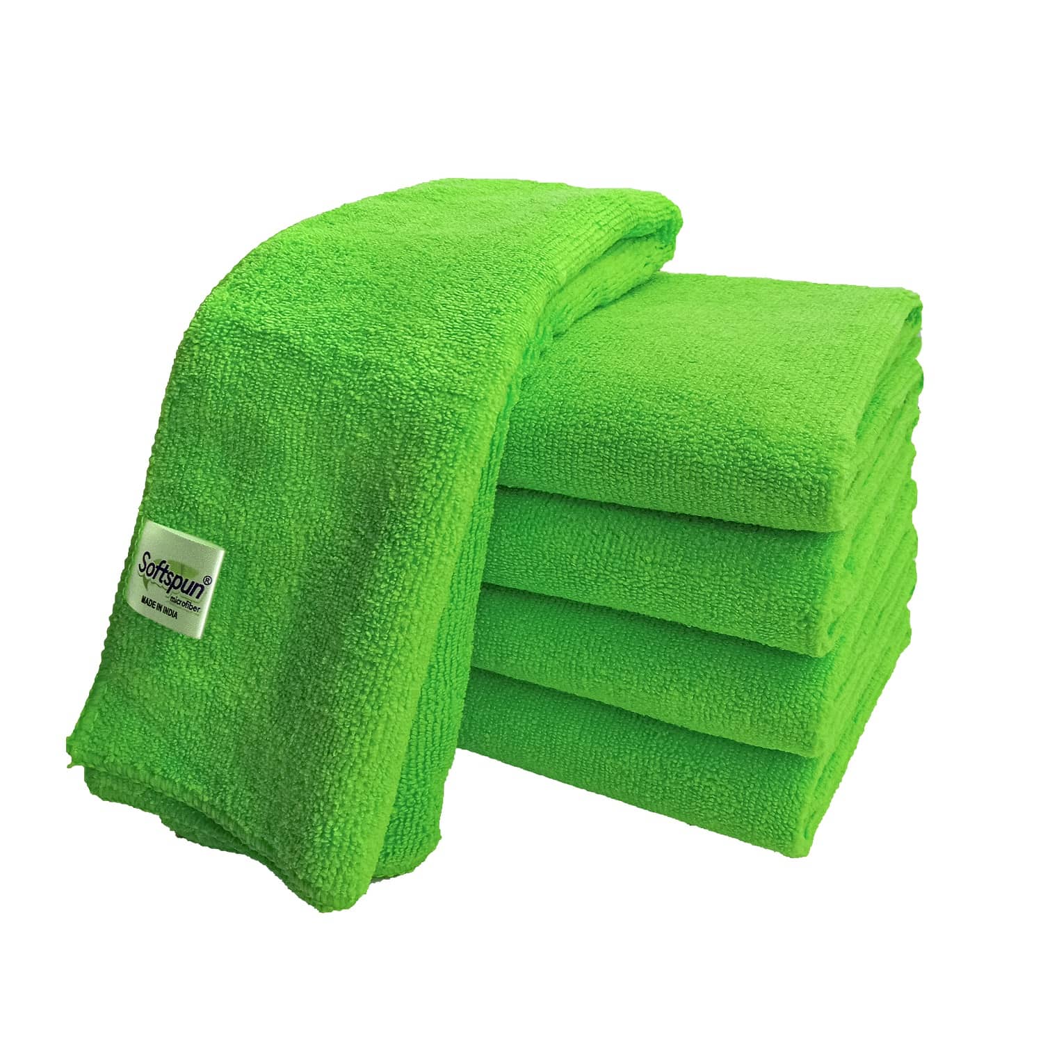 SOFTSPUN Microfiber Cleaning Cloths, 5pcs 40x40cms 340GSM Green! Highly Absorbent, Lint and Streak Free, Multi -Purpose Wash Cloth for Kitchen, Car, Window, Stainless Steel, silverware.