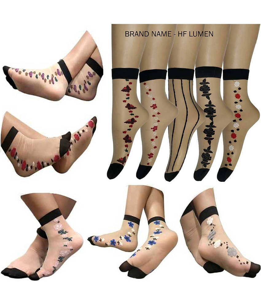 HF LUMEN Thin Transparent/ Net Nylon Side Flower Ankle length Socks Combo Pack Of 10( 5 With Thumb + 5 Without Thumb)