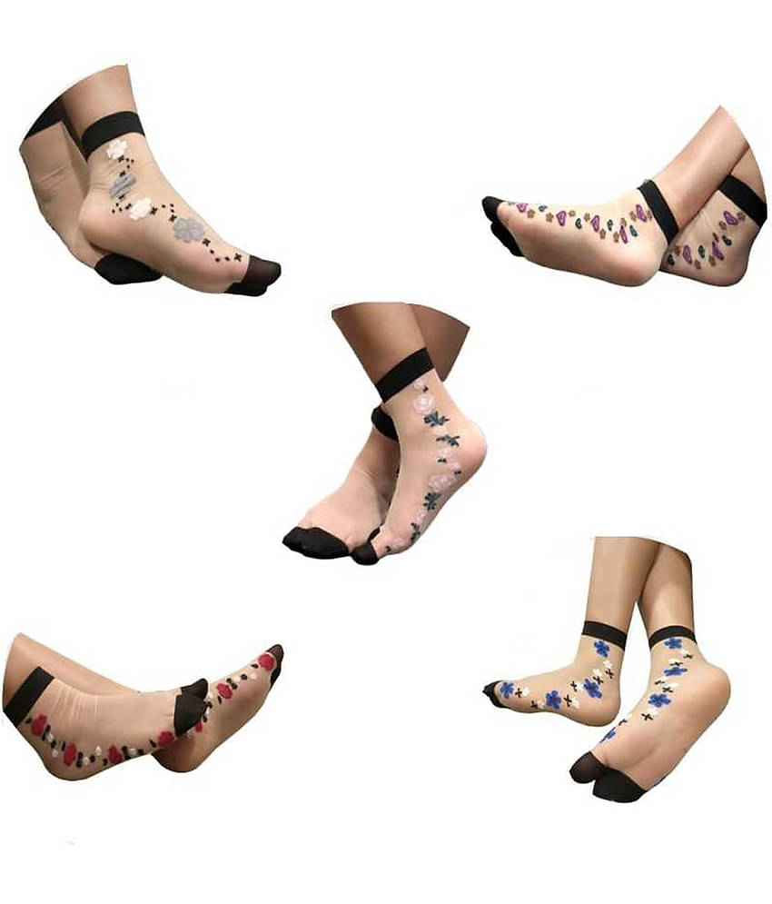HF LUMEN Thin Transparent/ Net Nylon Side Flower Ankle length Socks Combo Pack Of 10( 5 With Thumb + 5 Without Thumb)
