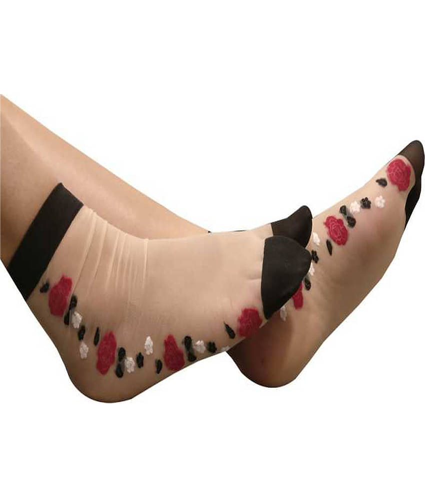 HF LUMEN Thin Transparent/ Net Nylon Side Flower Ankle length Socks Combo Pack Of 10( 5 With Thumb + 5 Without Thumb)