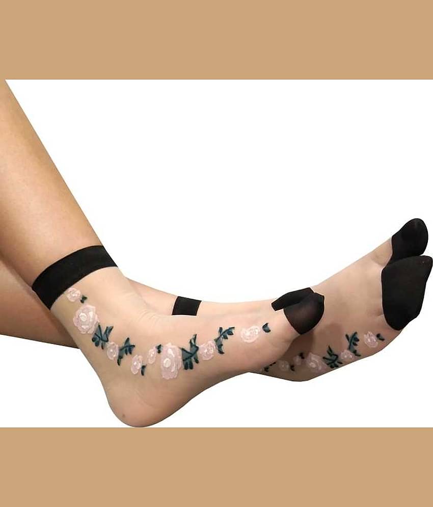 HF LUMEN Thin Transparent/ Net Nylon Side Flower Ankle length Socks Combo Pack Of 10( 5 With Thumb + 5 Without Thumb)