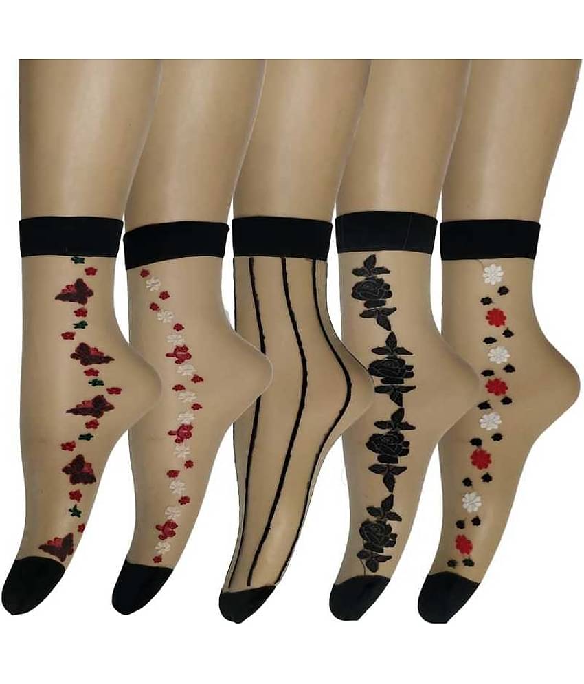 HF LUMEN Thin Transparent/ Net Nylon Side Flower Ankle length Socks Combo Pack Of 10( 5 With Thumb + 5 Without Thumb)