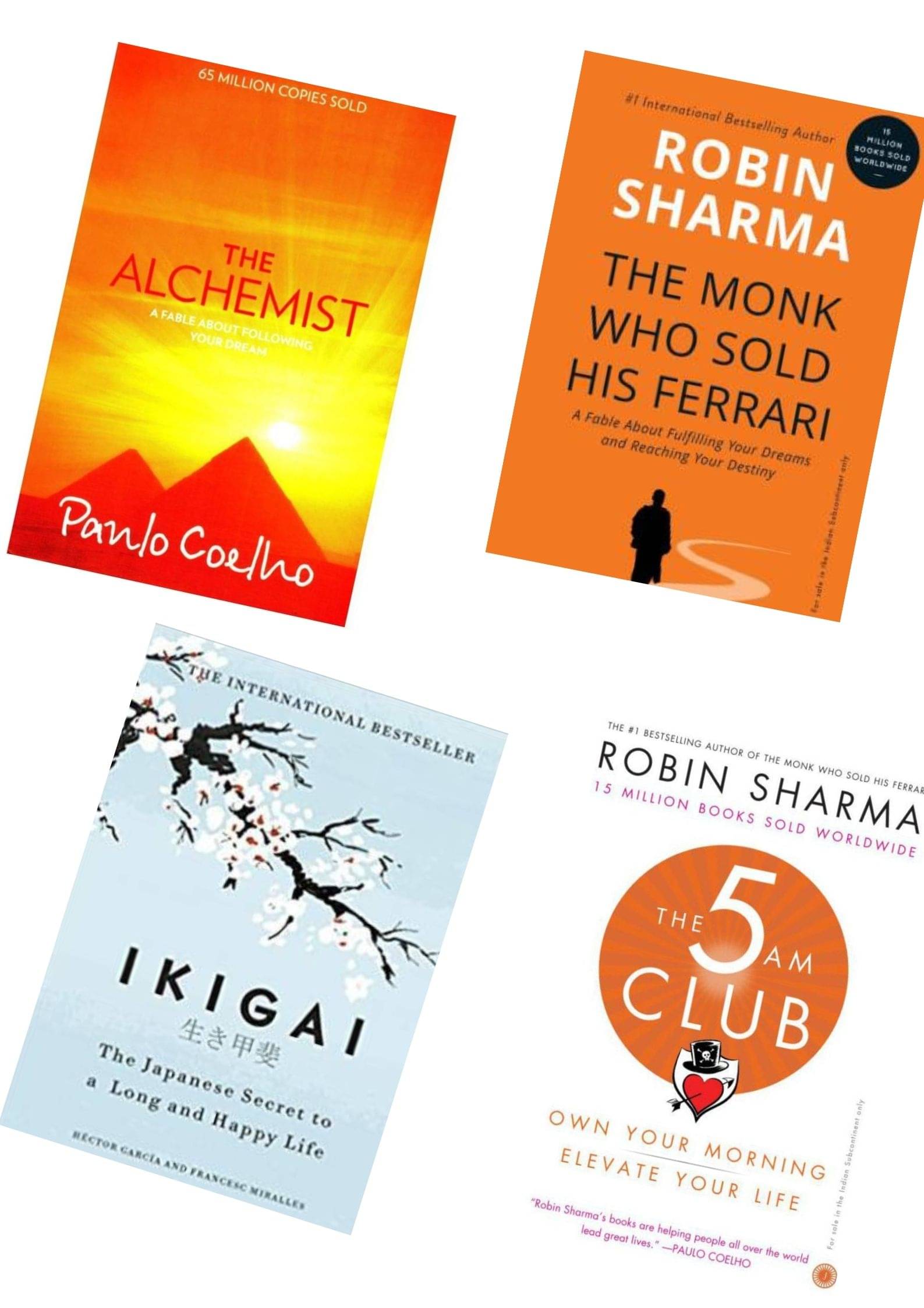 Combo Book Fiction : The Monk Who Sold His Ferrari + IKIGAI + The 5 AM Club + The Alchemist | Set Of Four Books (Paperback, Robin Sharma, Garcia Hector, Panlo Coelho) Combo Book Fiction : The Monk Who Sold His Ferrari + IKIGAI + The 5 AM Club + The Alchemist | Set Of Four Books (Paperback, Robin Sharma, Garcia Hector, Panlo Coelho)