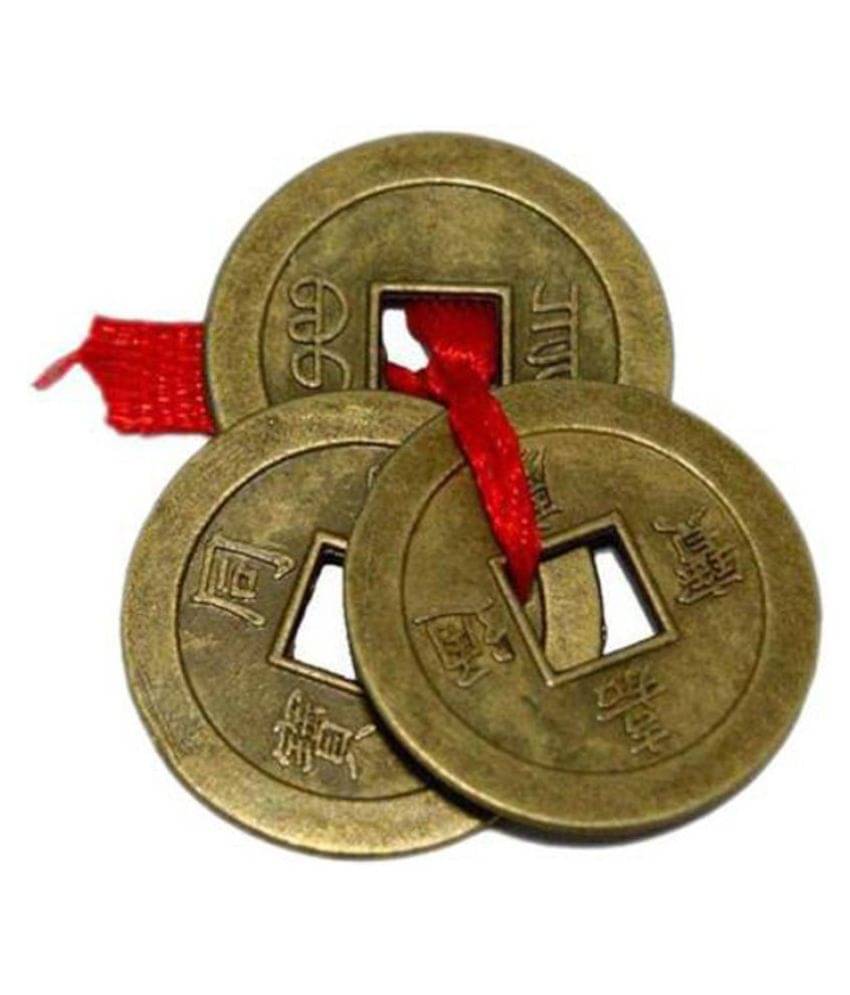    			Feng Shui Lucky Three Chinese Coins Tied in Red Ribbon for Wealth