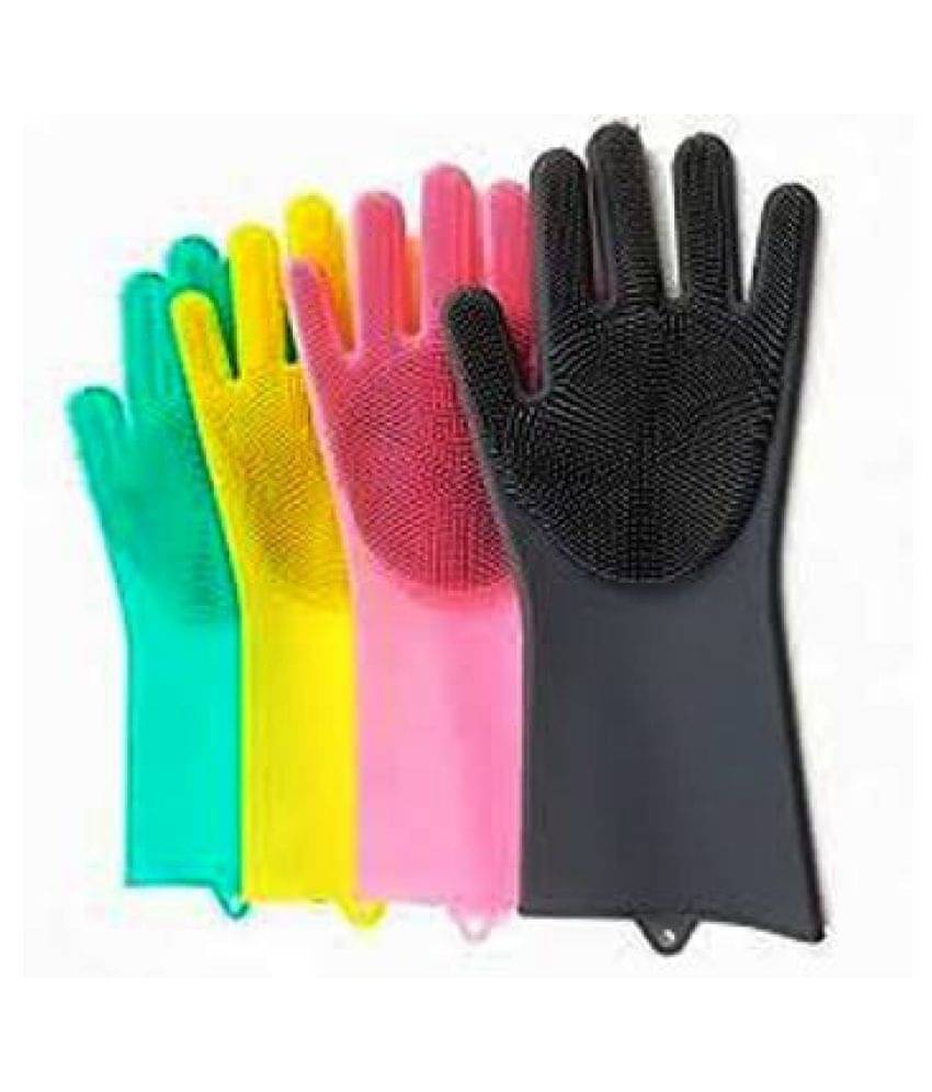     			FSN Microfibre Universal Size Heat Resistant Rubber  Magic Silicone Gloves scrubbing Gloves for Dishes, dishwashing Gloves with scrubbers, Dish Gloves for Kitchen, and pet Care