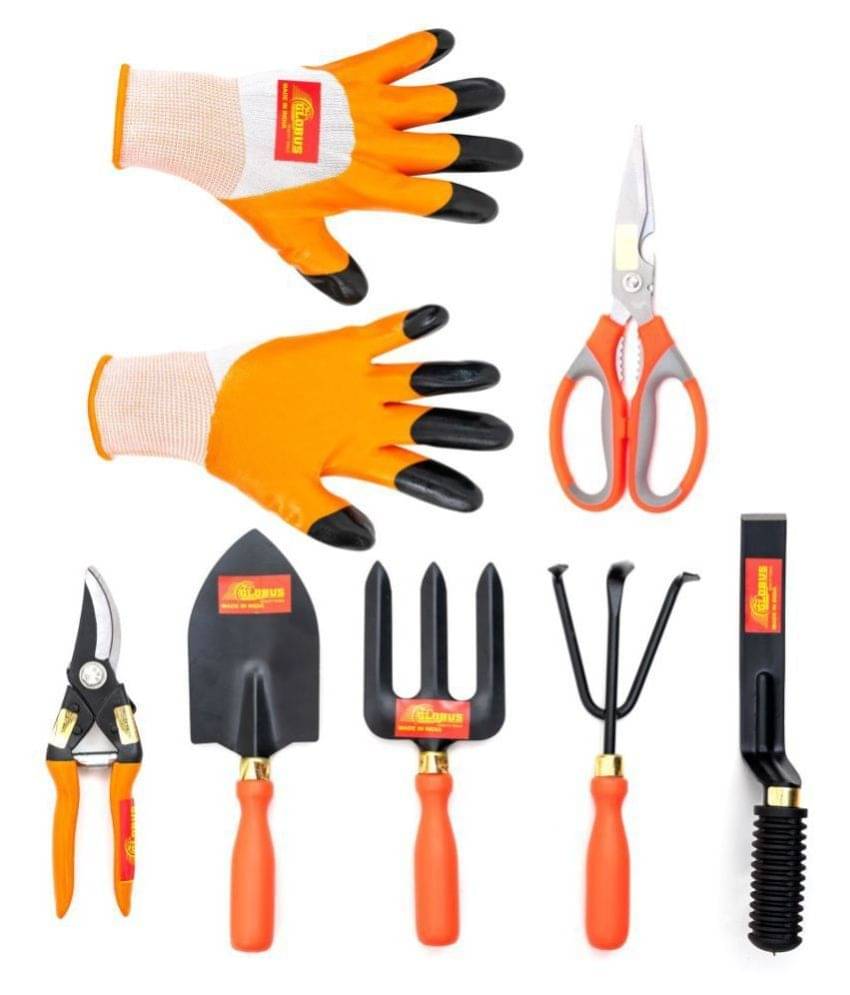 GLOBUS 1306 Steel Garden Tool Set/7 PCS (Big Trowel, Weeder Fork, Hand Cultivator, KHURPA 1" Orange Colour Plastic Handle, Scissor, Major Pruner and Gardening Gloves. GLOBUS 1306 Steel Garden Tool Set/7 PCS (Big Trowel, Weeder Fork, Hand Cultivator, KHURPA 1" Orange Colour Plastic Handle, Scissor, Major Pruner and Gardening Gloves.
