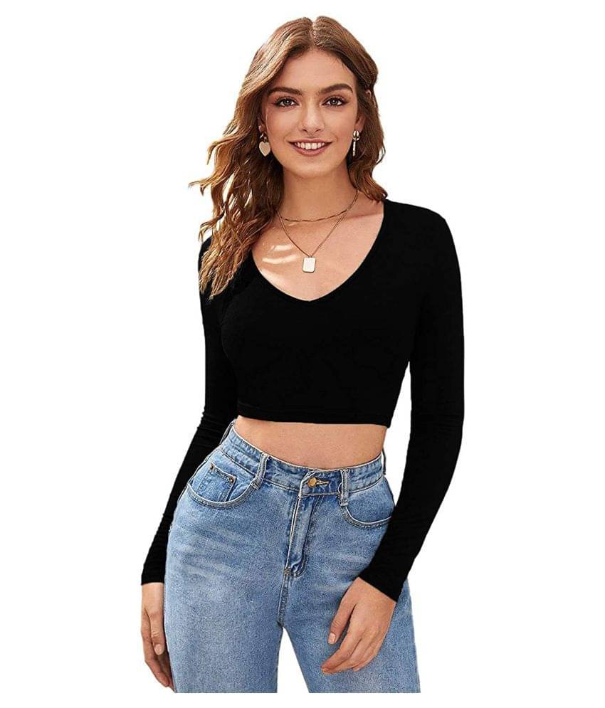     			THE BLAZZE 1309 Women's Cotton Basic Solid V Neck Slim Fit Full Sleeve Saree Readymade Saree Blouse Crop Top T-Shirt for Women