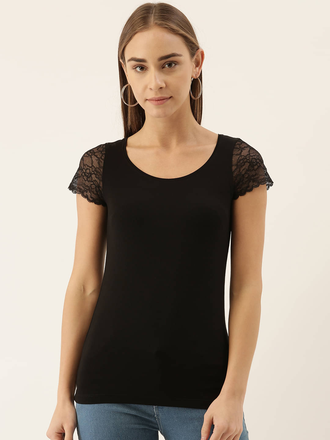     			Zebu Women Viscose Embroidered Slim Fit Round Neck T-Shirt ( Black )
